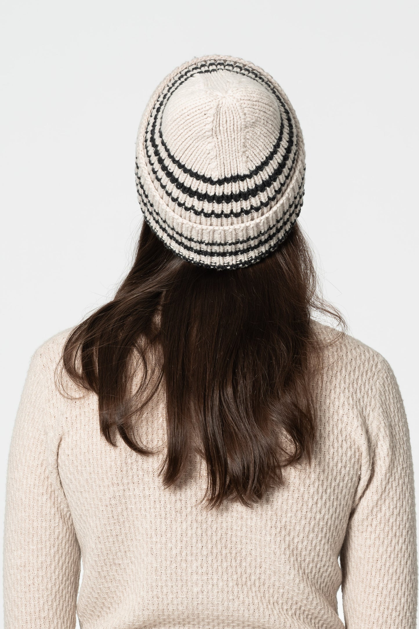 MERINO Handknit Striped Hat - Almond White
