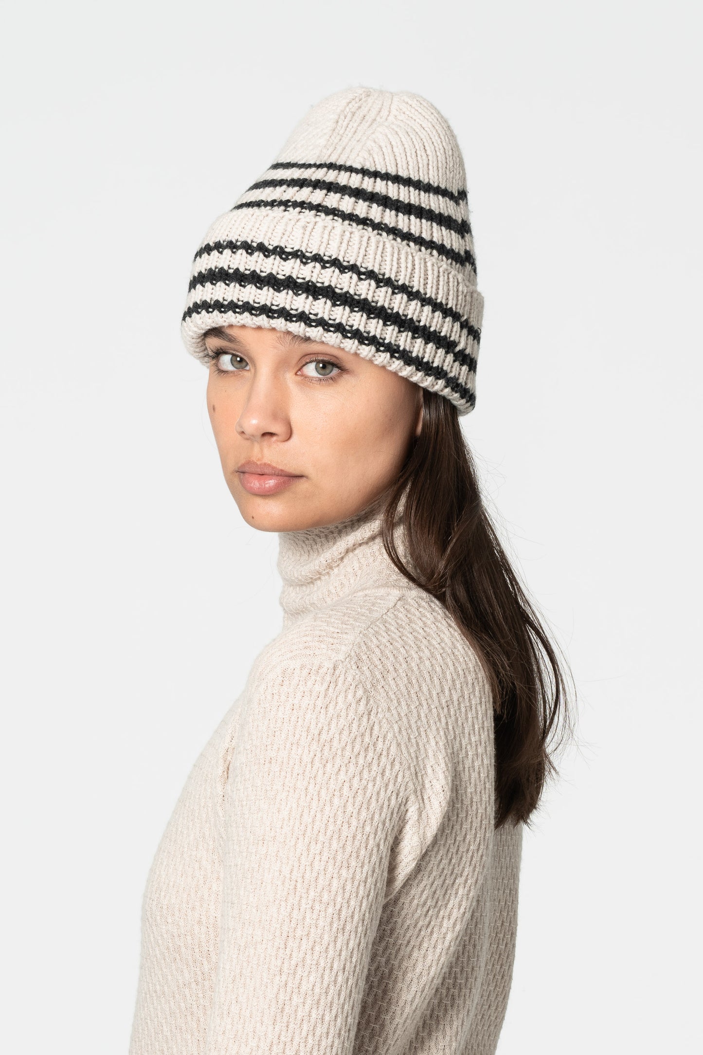 MERINO Handknit Striped Hat - Almond White