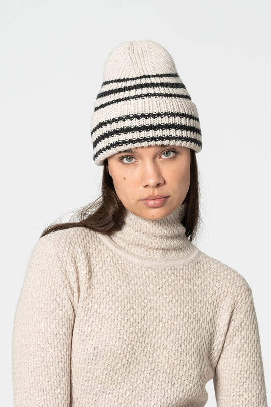 MERINO Handknit Striped Hat - Almond White