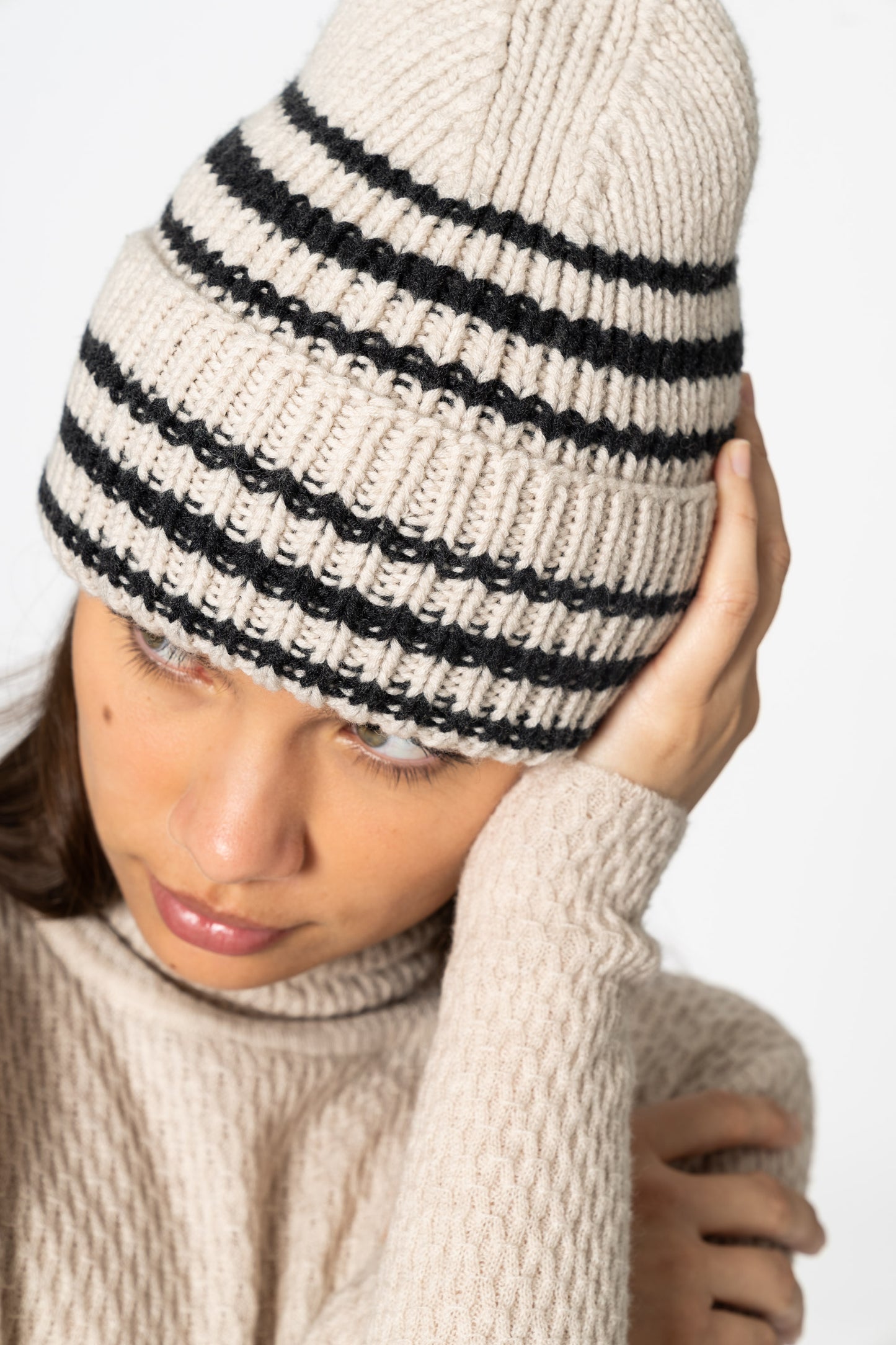 MERINO Handknit Striped Hat - Almond White