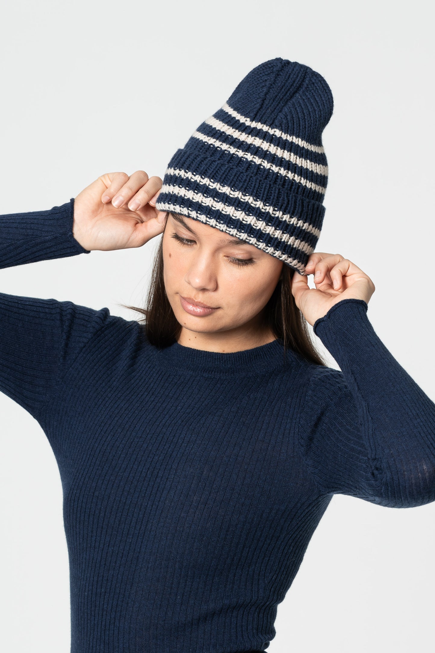 MERINO Handknit Striped Hat - Space Blue