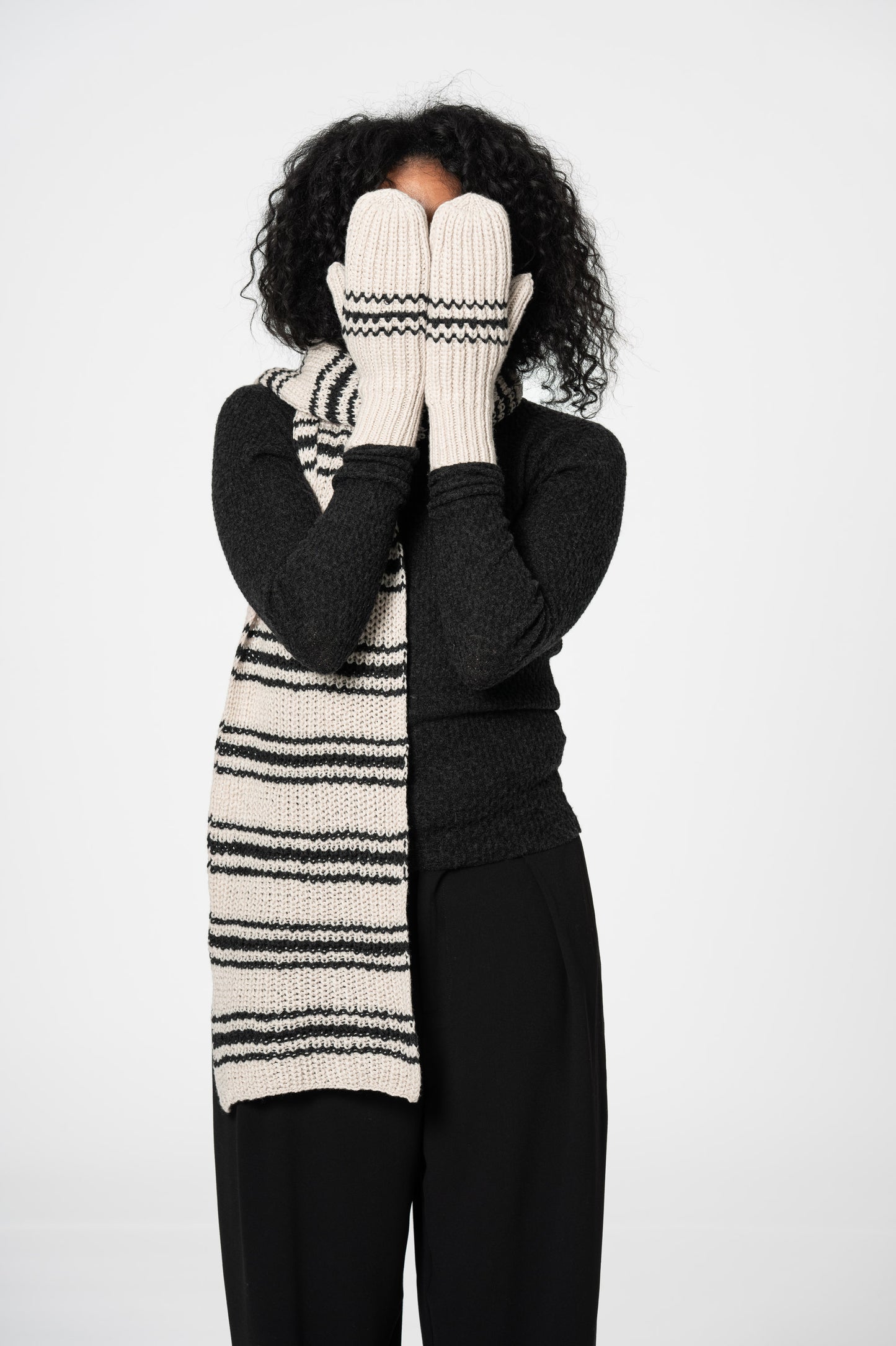 MERINO Handknit Striped Mittens - Almond White