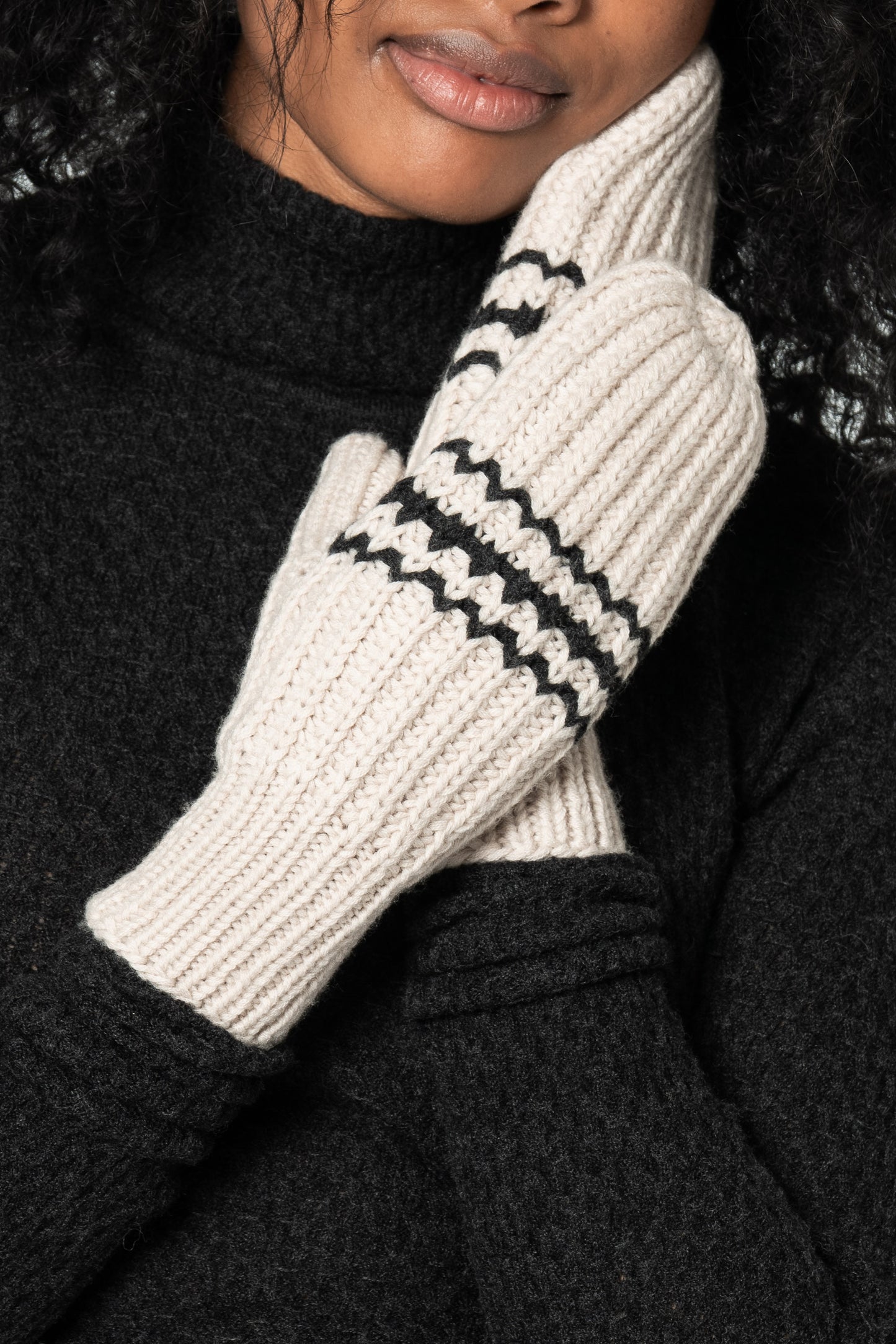 MERINO Handknit Striped Mittens - Almond White