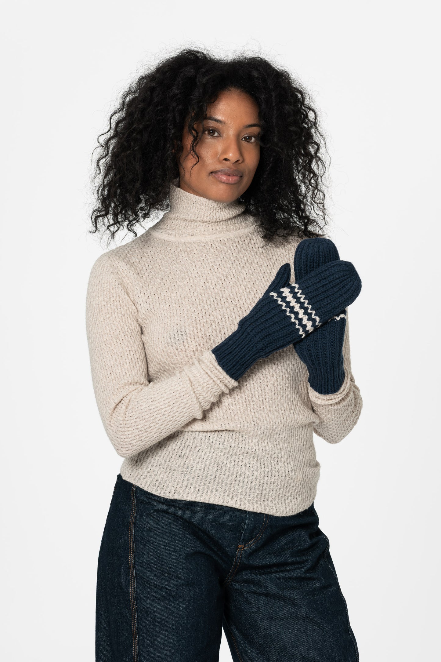 MERINO Handknit Striped Mittens - Space Blue