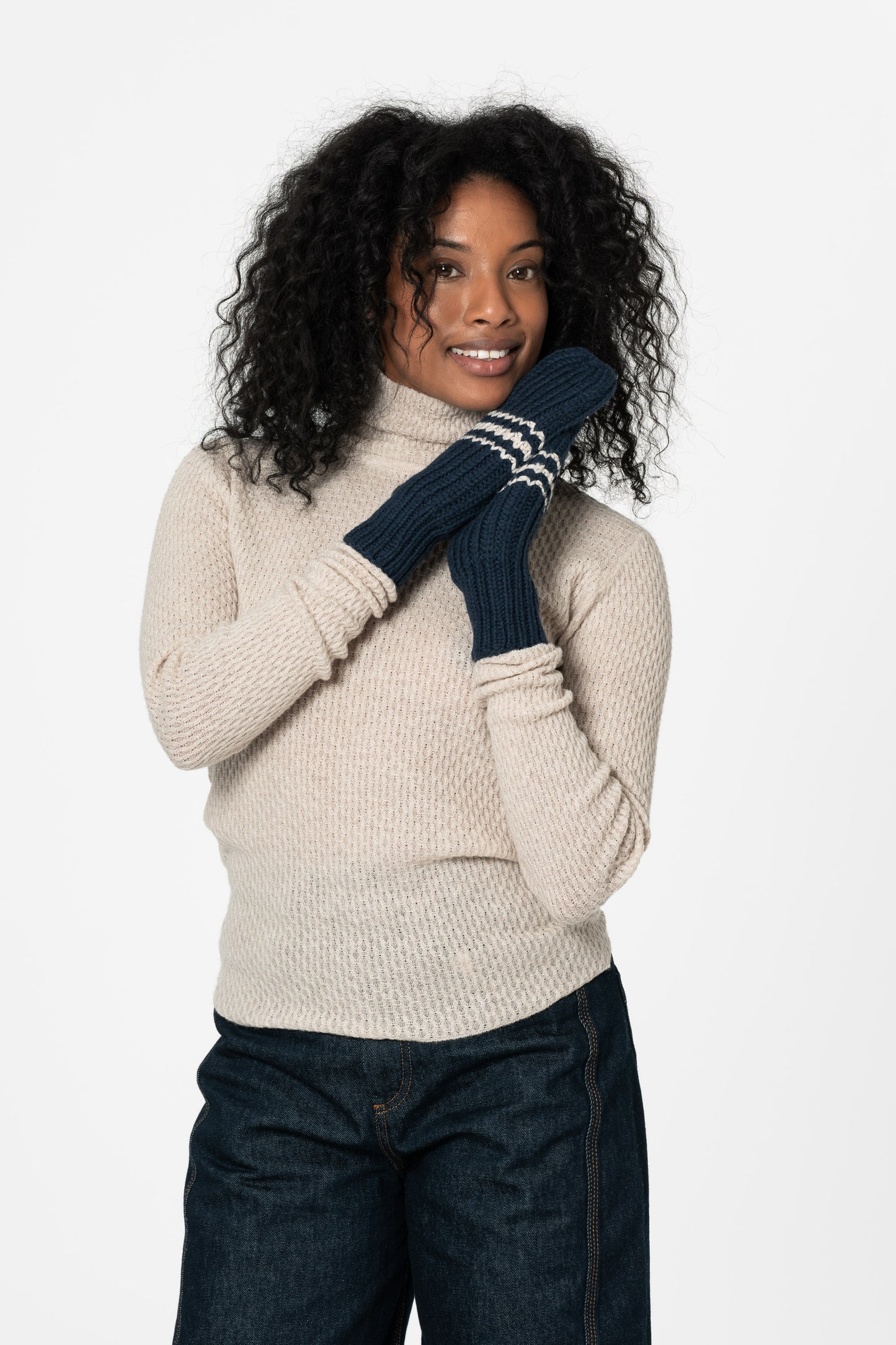 MERINO Handknit Striped Mittens - Space Blue