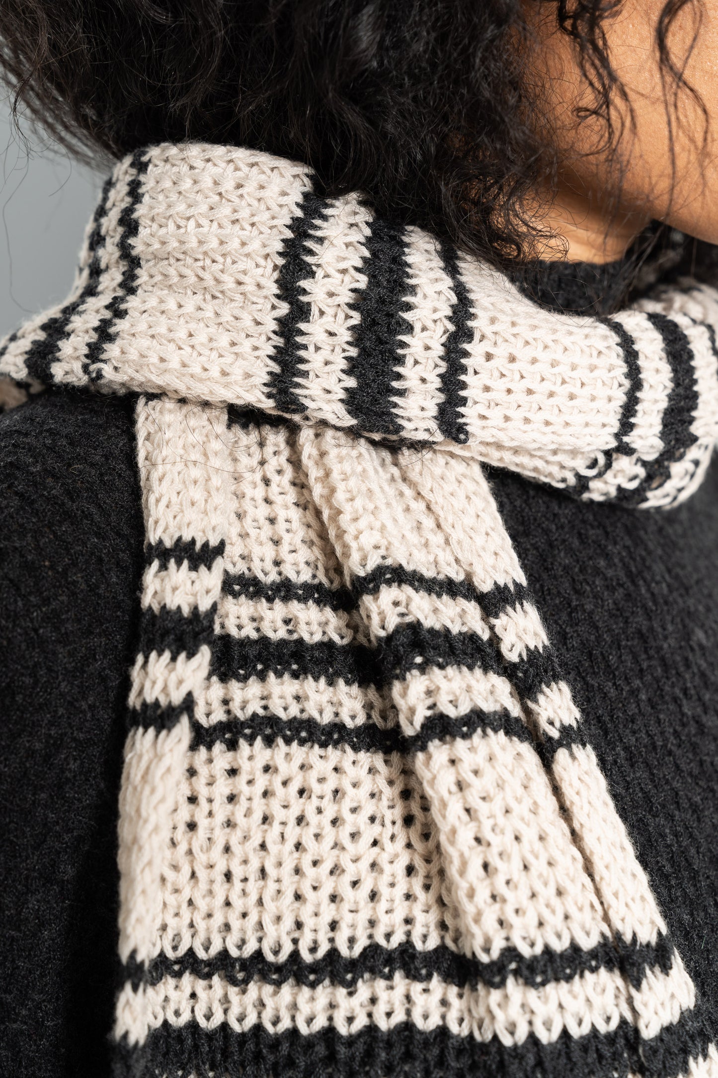 MERINO Handknit Striped Scarf - Almond White