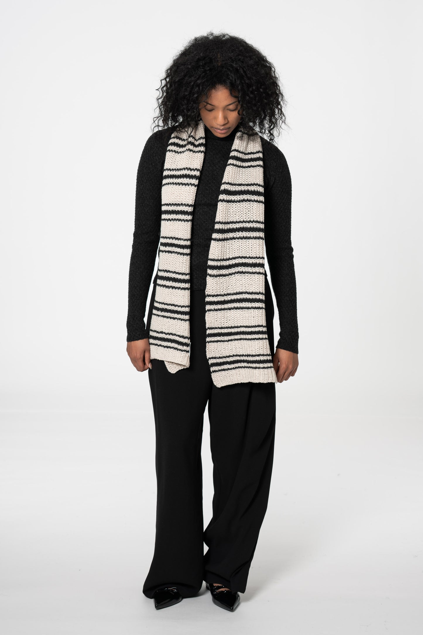 MERINO Handknit Striped Scarf - Almond White