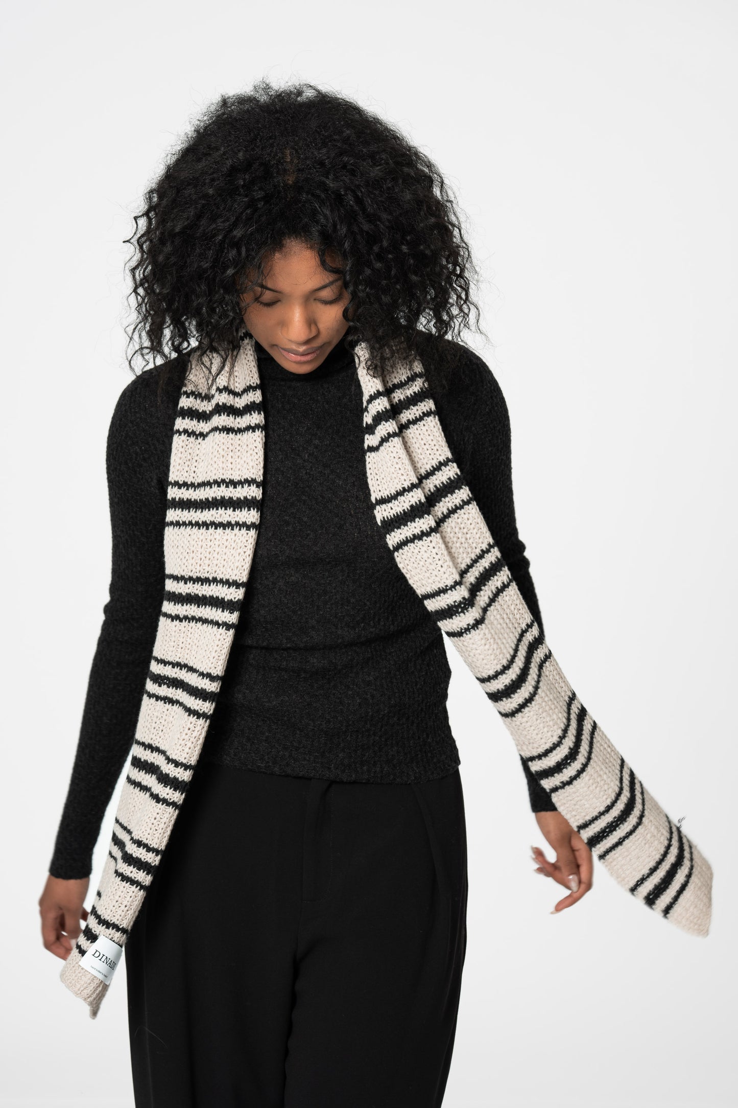 MERINO Handknit Striped Scarf - Almond White