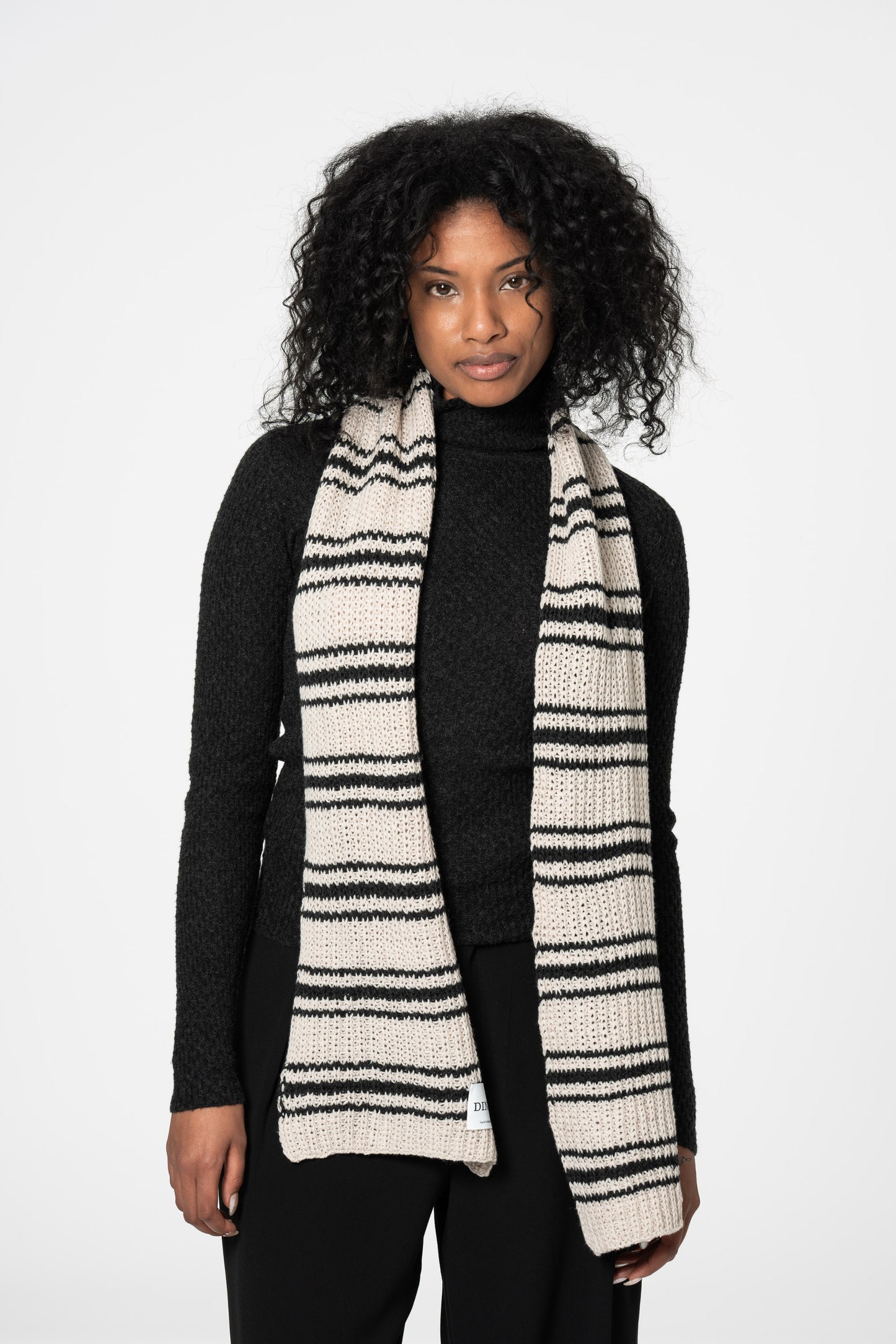 MERINO Handknit Striped Scarf - Almond White