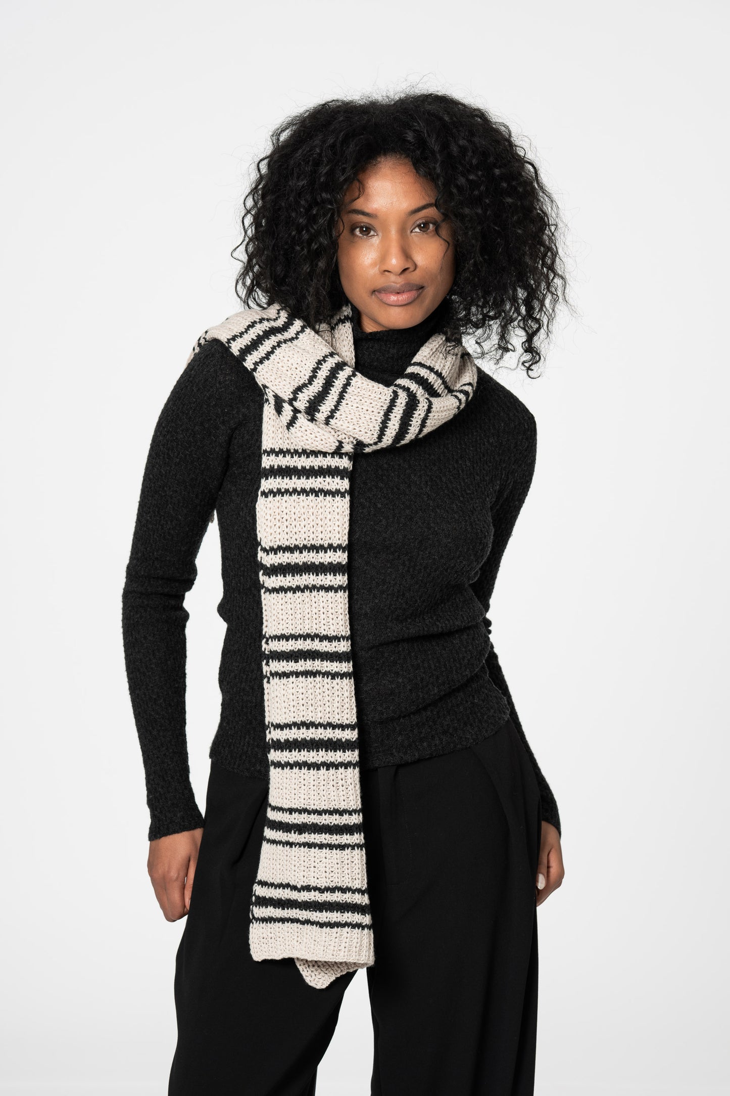MERINO Handknit Striped Scarf - Almond White