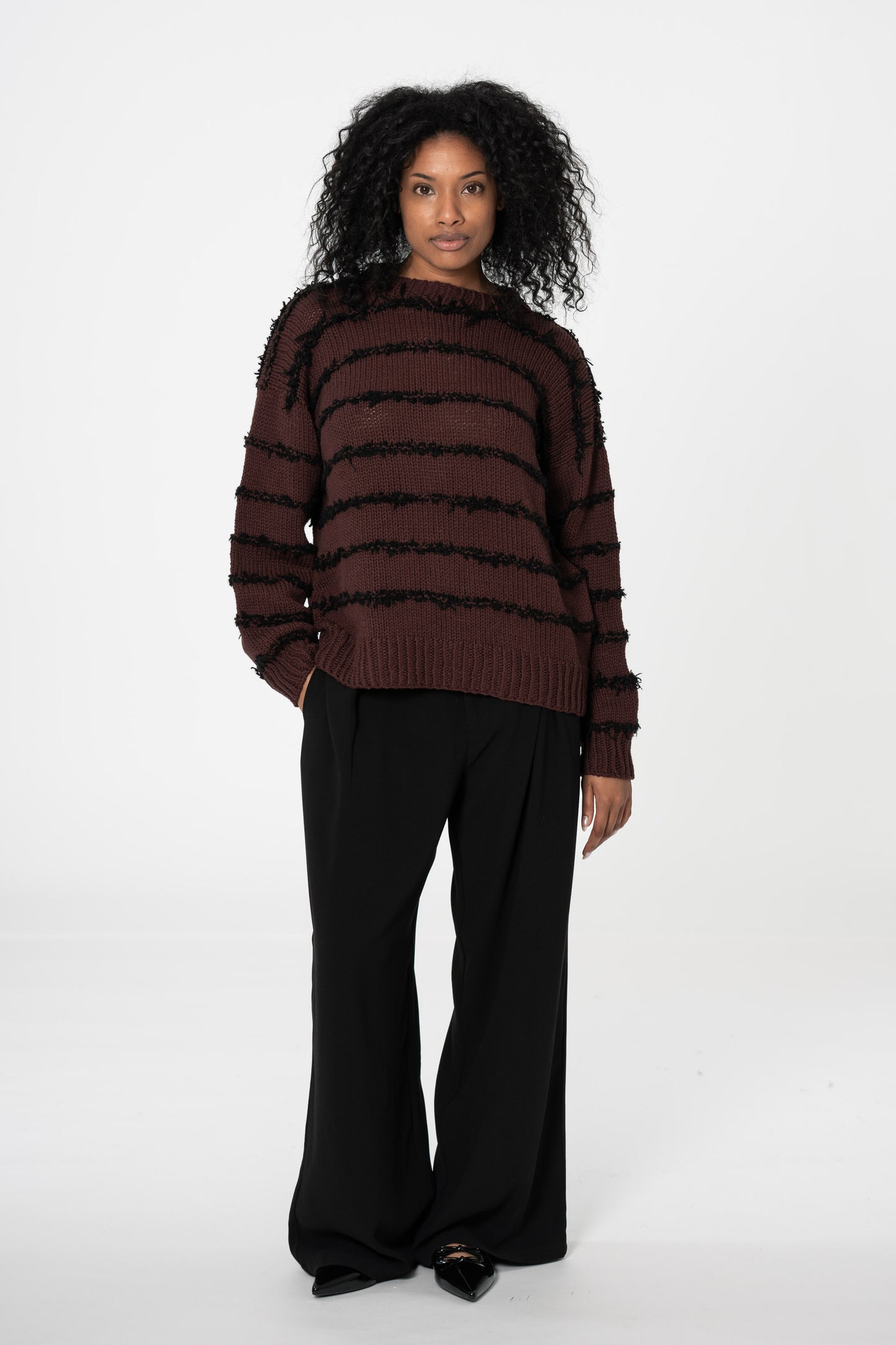 MERINO Handknit Striped Sweater - Merlot Red