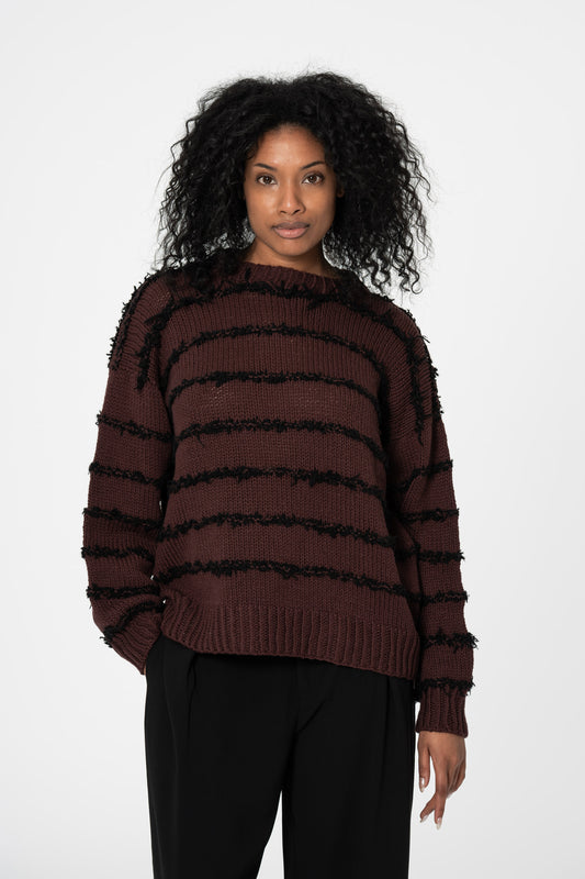 MERINO Handknit Striped Sweater - Merlot Red