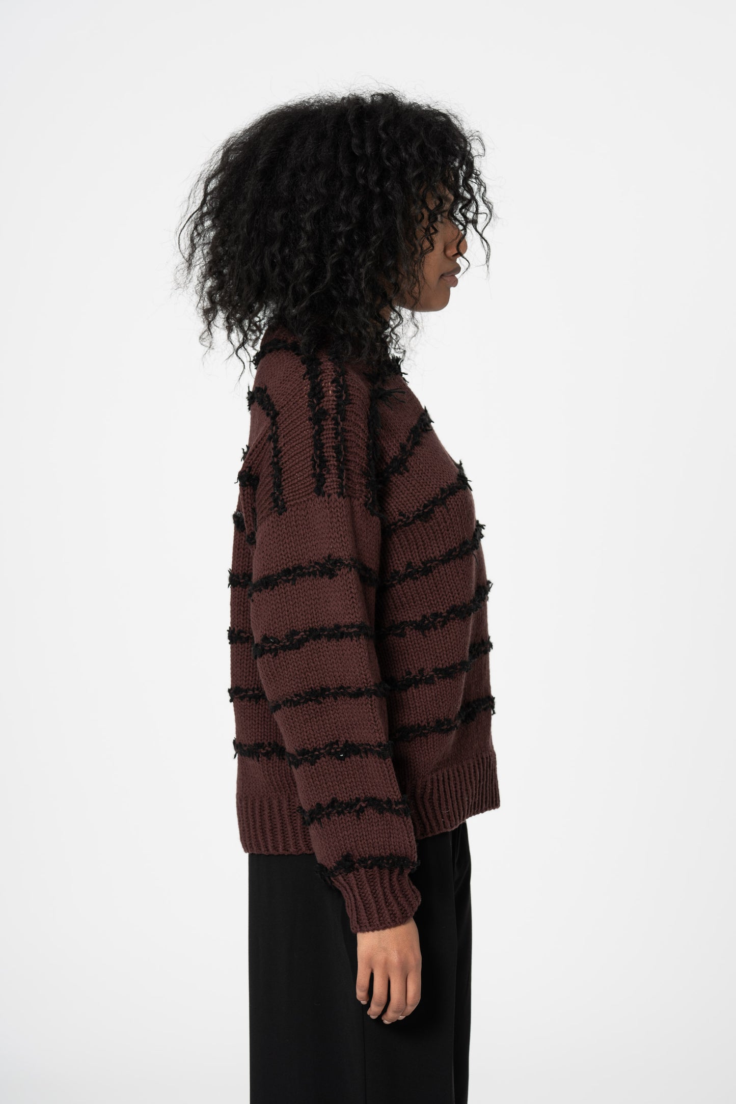 MERINO Handknit Striped Sweater - Merlot Red