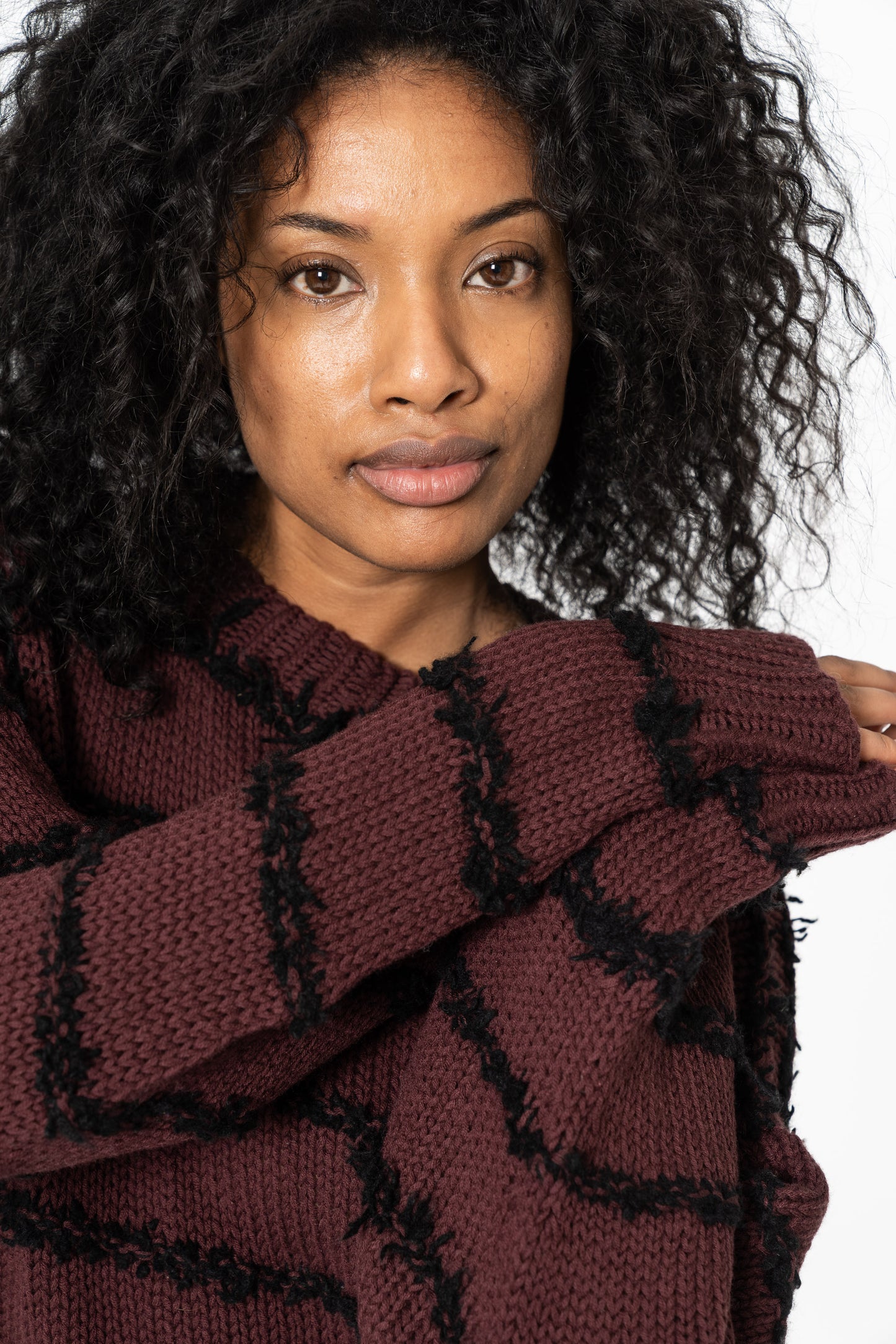MERINO Handknit Striped Sweater - Merlot Red