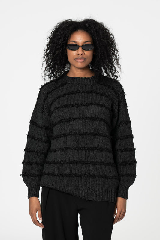 MERINO Handknit Striped Sweater - Onyx Grey