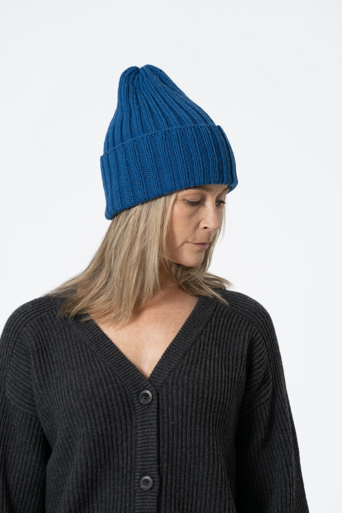 MERINO Handknit Thick Rib Hat - Ocean Blue