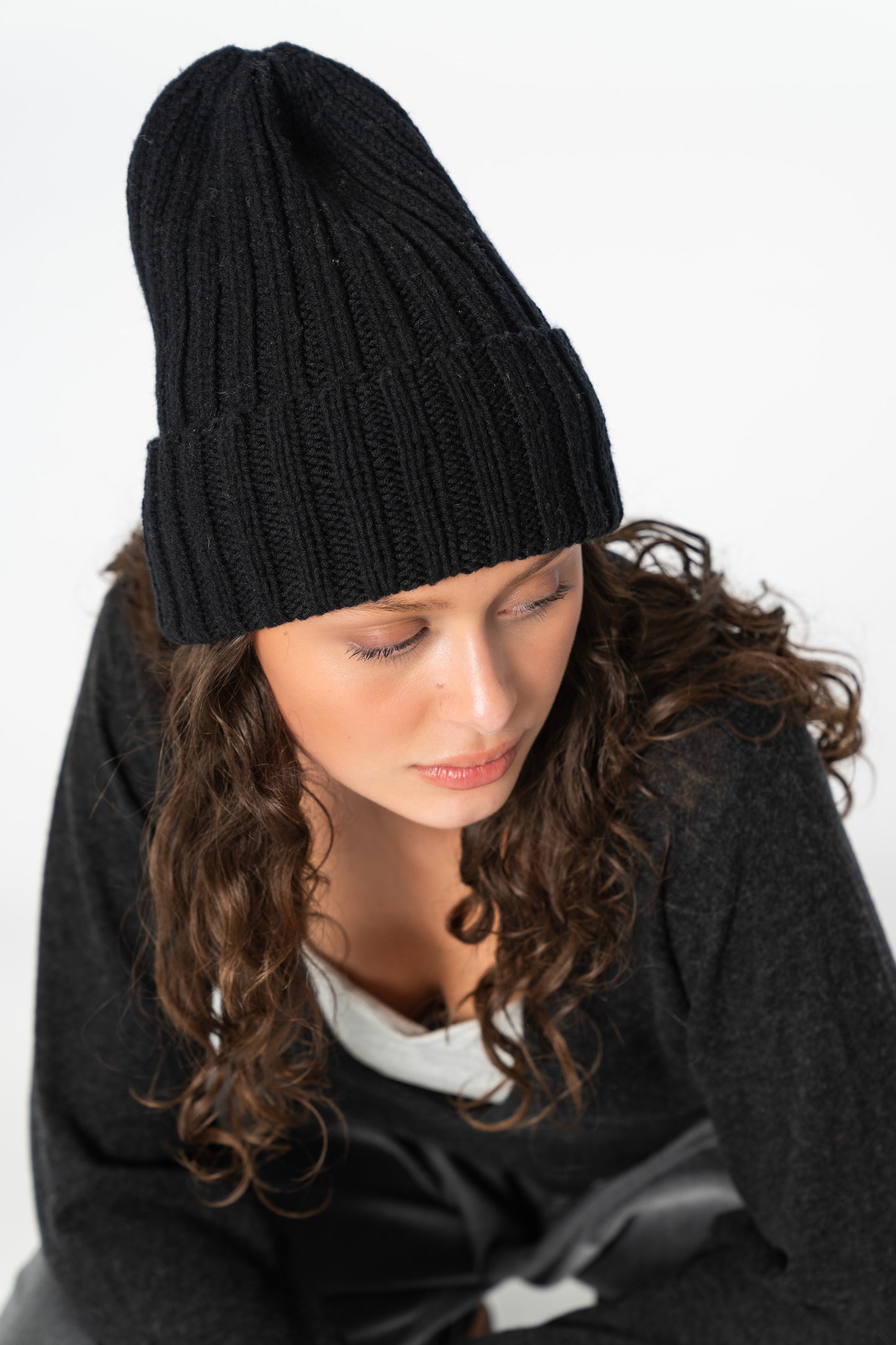 MERINO Handknit Thick Rib Hat - Black