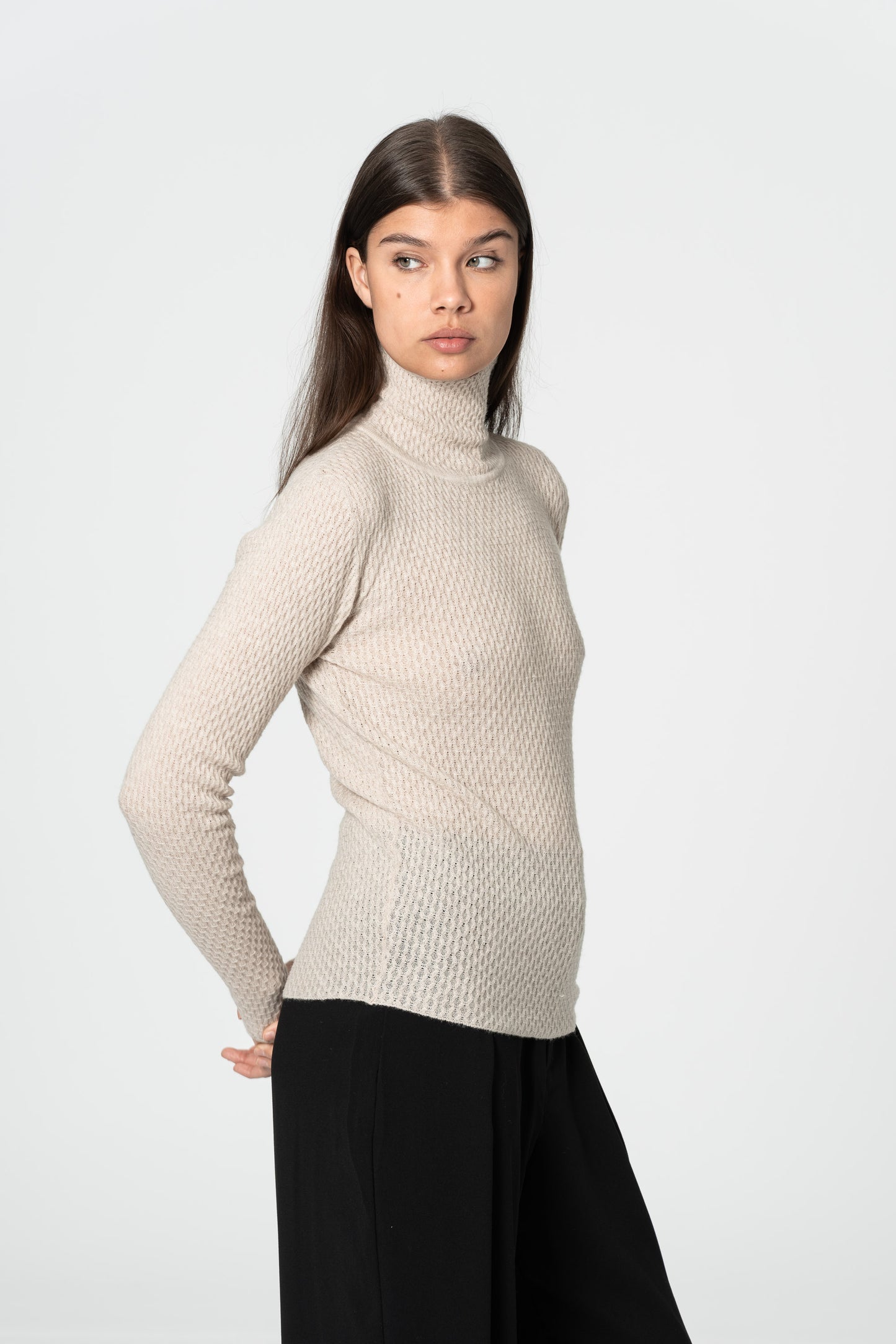MERINO Lace Turtleneck - Almond White