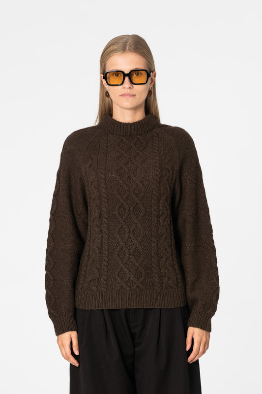 YAK Handknit Cable Sweater - Dark Brown