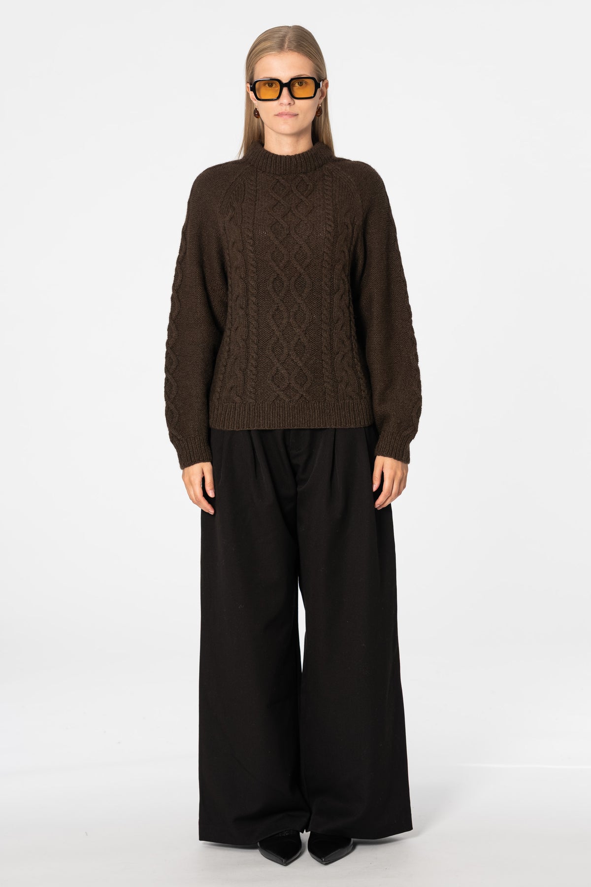 YAK Handknit Cable Sweater - Dark Brown