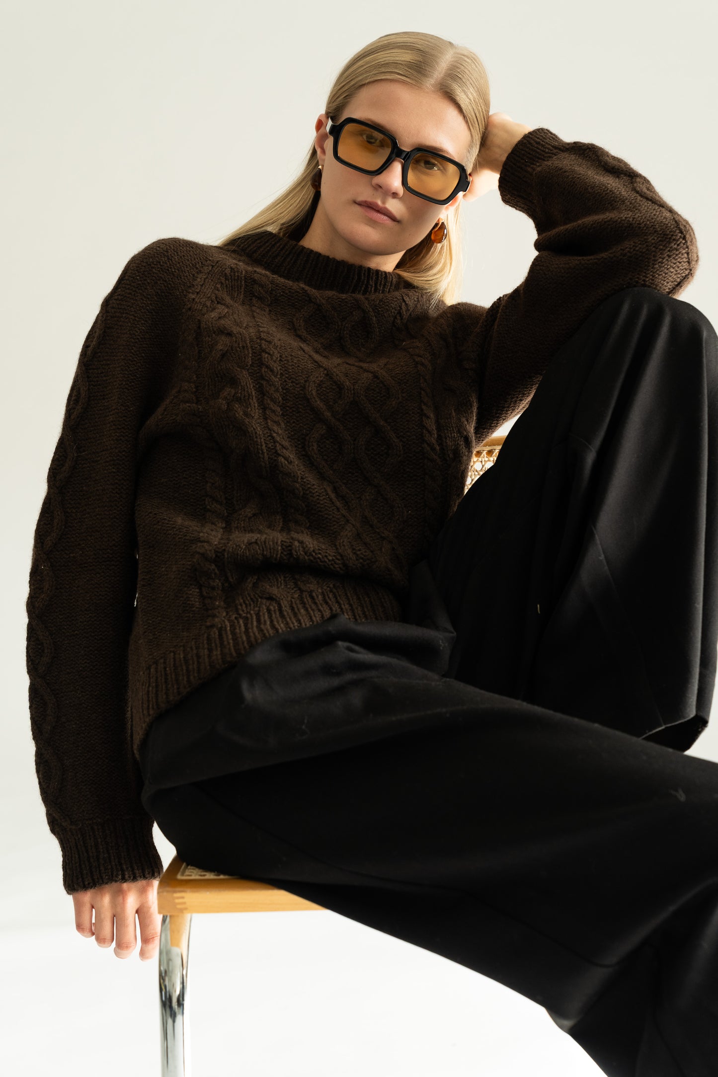 YAK Handknit Cable Sweater - Dark Brown